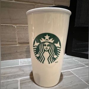 Starbucks Classic White & Green 12 Oz Ceramic Coffee Tumbler with lid, 12 Oz